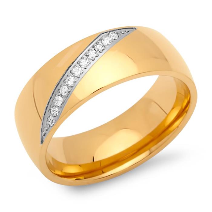 Ring stainless steel gold plated 8mm with zirconia