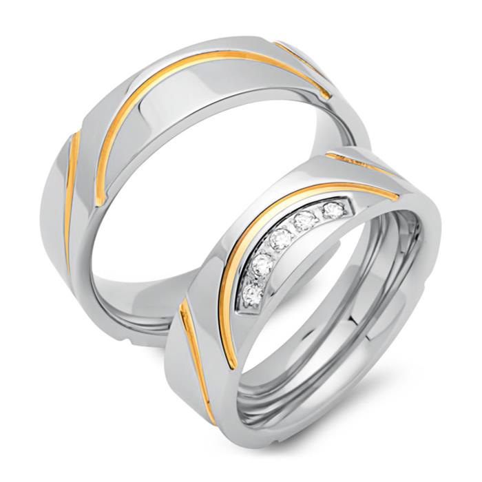 Eheringe Edelstahl teilvergoldet 6mm Zirkonia