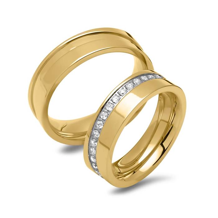 Gold plated stainless steel wedding ring set with stones