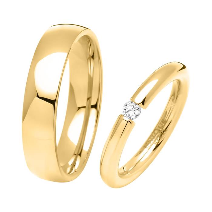 Yellow Gold Plated Stainless Steel Wedding Rings With Stone