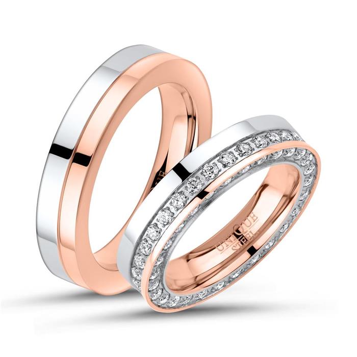 Stainless steel wedding rings with zirconia two-tone