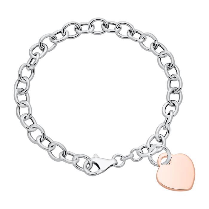 Link bracelet in 925 silver with heart, rose gold plated