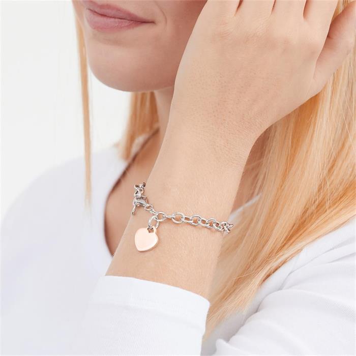 Link bracelet in 925 silver with heart, rose gold plated