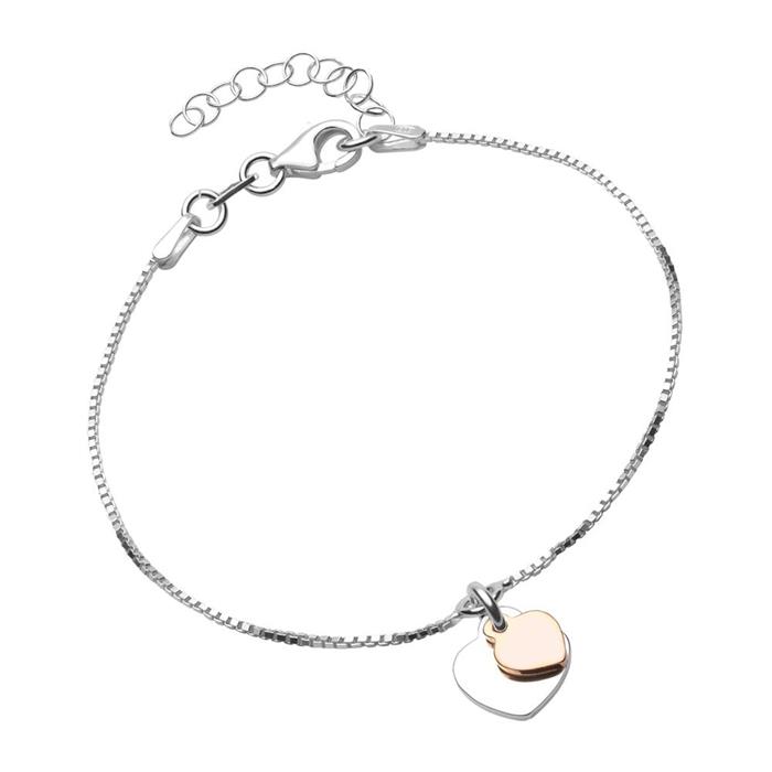 Bracelet Sterling Silver With Heart Charms Bicolour