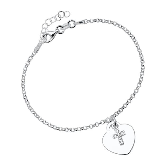 925 sterling zilveren gegraveerde hart en kruis armband met Zirkonia