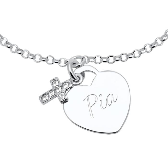 Pulsera de plata 925 grabado coraz&#xF3;n y cruz con circonita