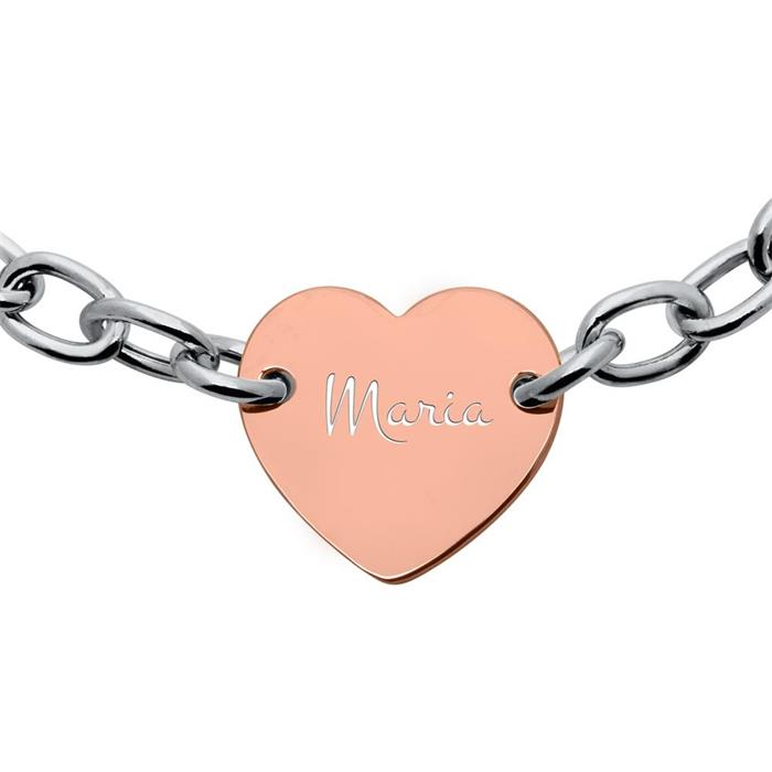 Pulsera de plata 925 con corazón chapado en oro rosa grabable