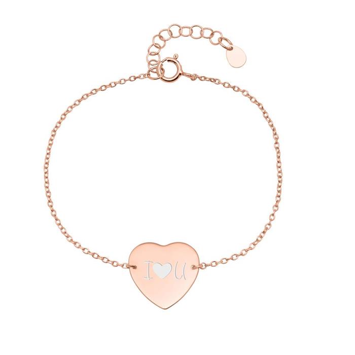 Pulsera corazón de plata 925 bañada en oro rosa grabable