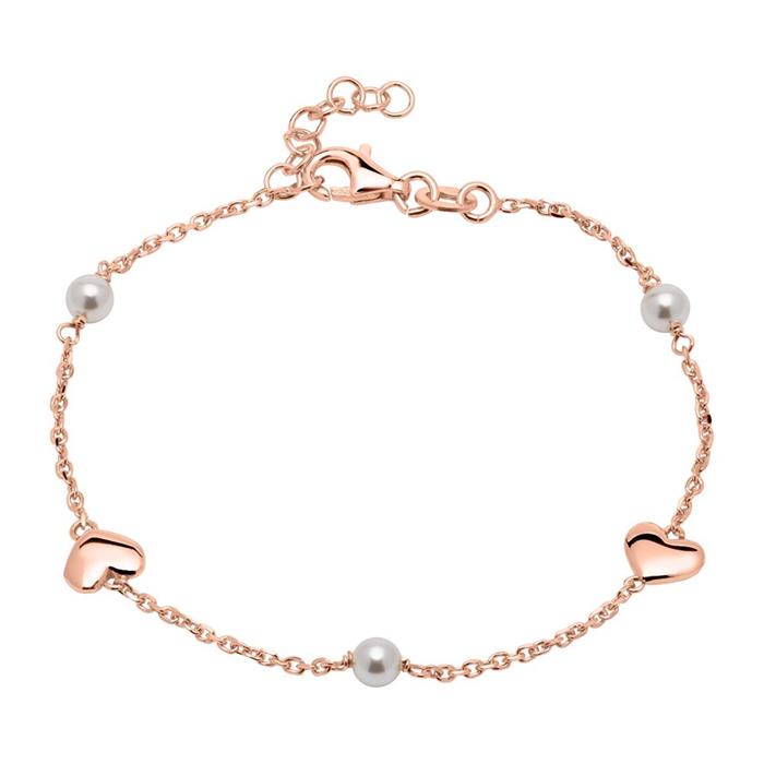 Rose gold plated 925 silver bracelet hearts and pearls
