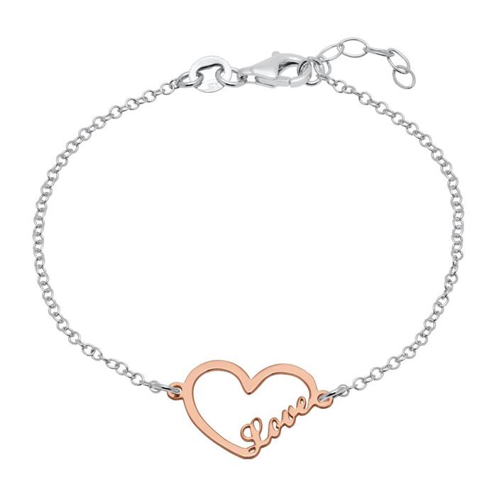 Pulsera corazón love de plata 925 bañada en oro rosa