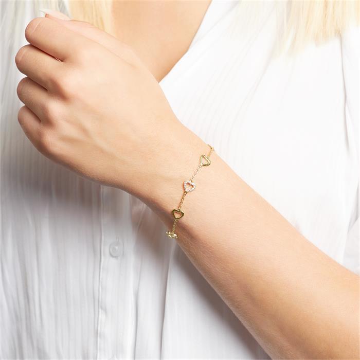 Pulsera corazones de circonita cúbica de plata 925 bañada en oro