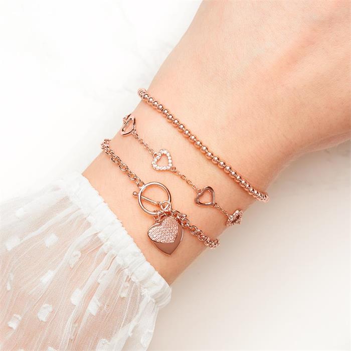 Pulsera corazón de circonita cúbica de plata 925 bañada en oro rosa