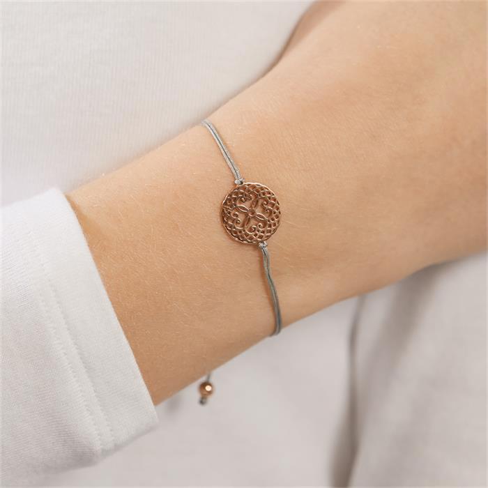 Pulsera textil de mujer con elemento de plata, chapada en oro rosa