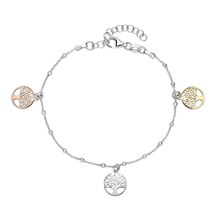 Levensboom armband voor dames in 925 sterling zilver, driekleurig