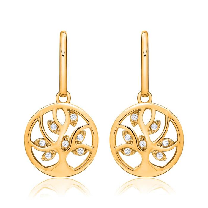 Gold plated sterling silver earrings tree of life zirconia