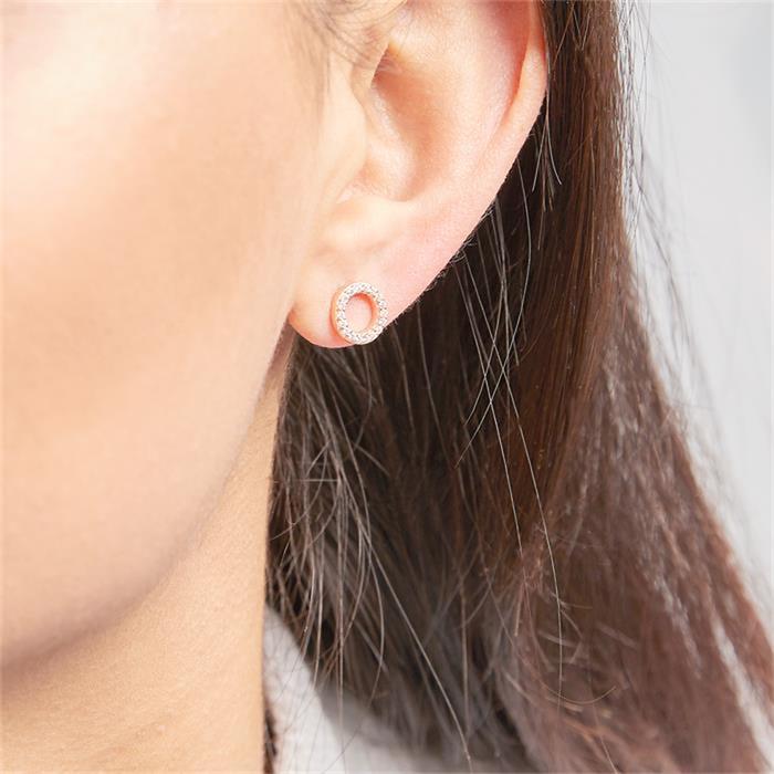 Ear studs circle design sterling silver pink zirconia