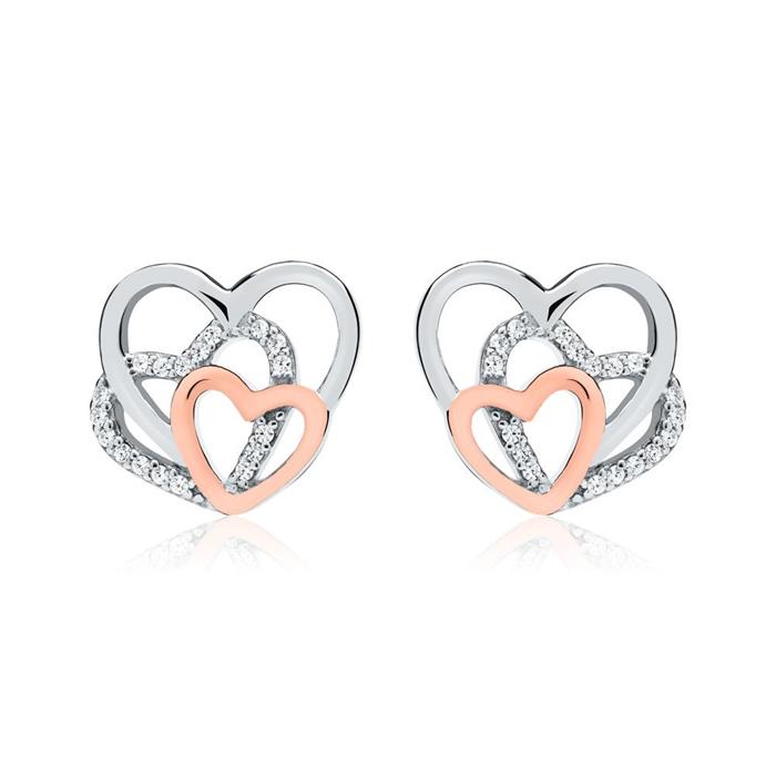 Pendientes corazones plata 925 circonita rosa