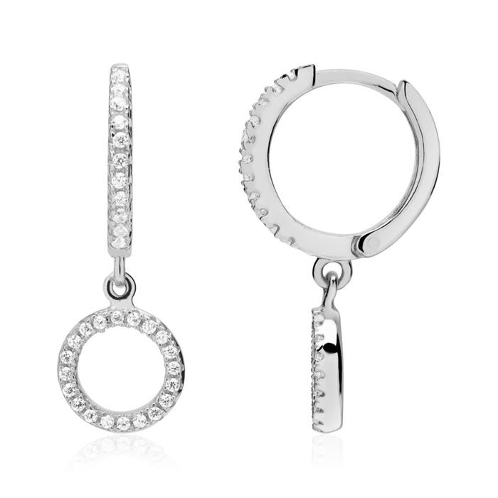 Sterling silver hoops with circle pendants and zirconia