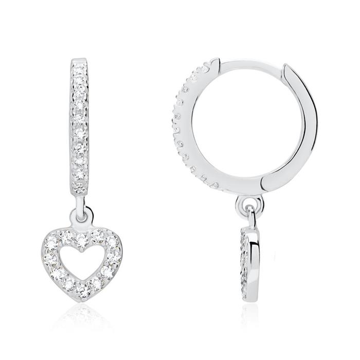 Foldable hoops with heart pendants sterling silver zirconia