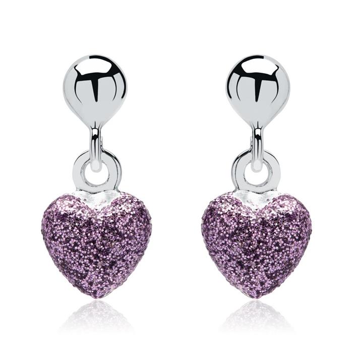 Sterling silver earrings with purple glittering hearts