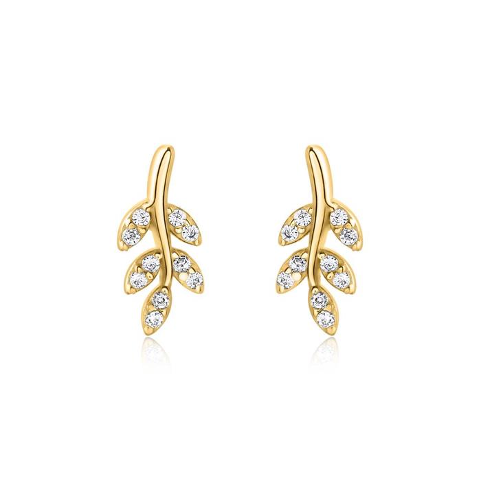 Ladies sterling silver stud earrings, gold with zirconia