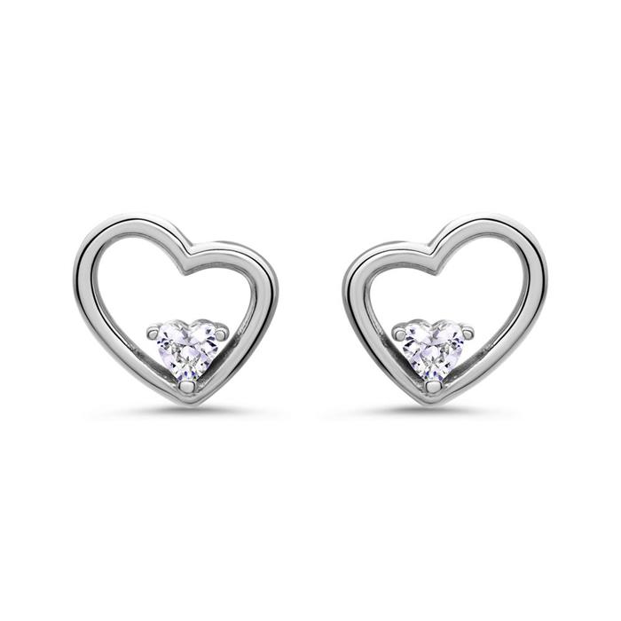 Heart stud earrings for ladies in 925 silver with zirconia