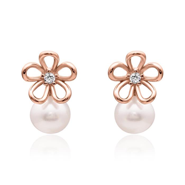 Flower ear studs in 925 sterling silver with pearl in rosé