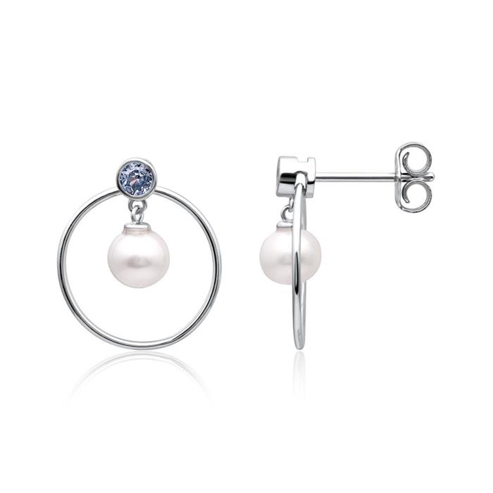 Ear studs in 925 sterling silver with circle pendant and pearl