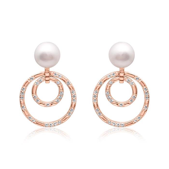 925 sterling silver pearl stud earrings with circle, rosé