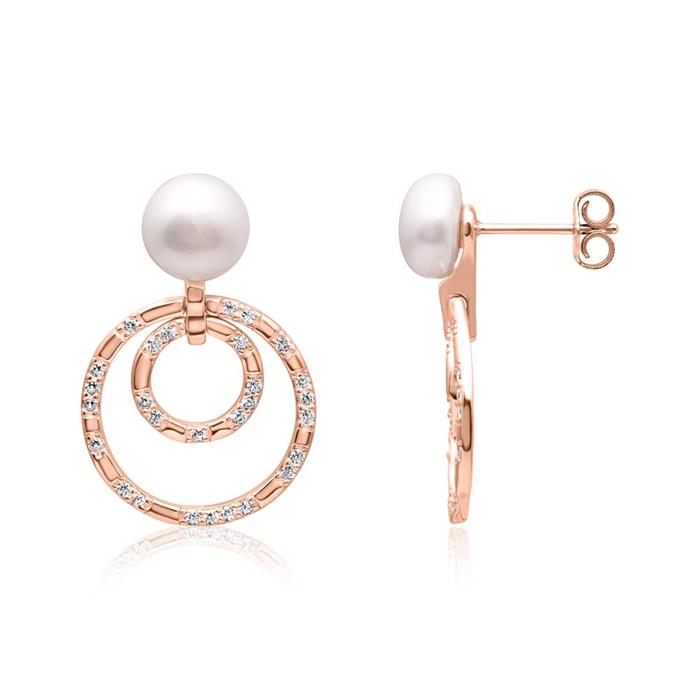 925 sterling silver pearl stud earrings with circle, rosé