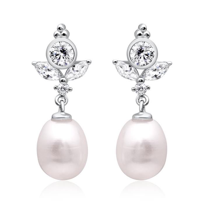 Stud earrings in sterling silver with pearl and cubic zirconia