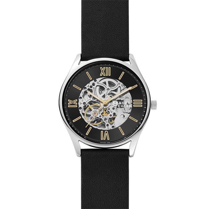 dier Dronken worden vlam Skagen automatisch horloge Holst voor heren met zwarte leren band SKW6735