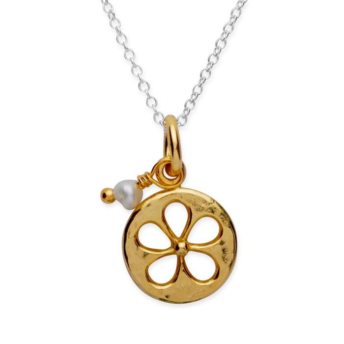 Gold plated silver necklace flower pendant and pearl