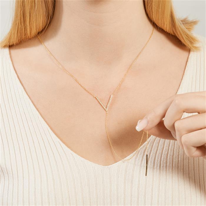Necklace sterling silver Y-shaped gold plated zirconia