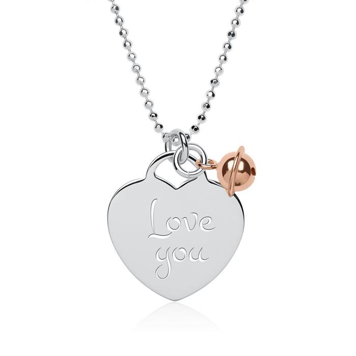 Engravable sterling silver necklace heart bells pink gold