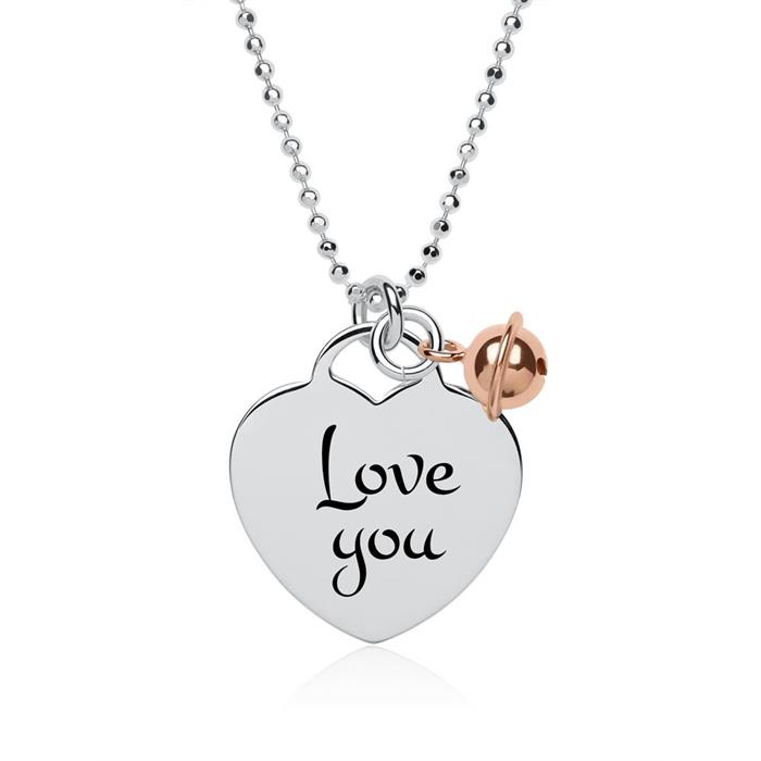 Engravable sterling silver necklace heart bells pink gold