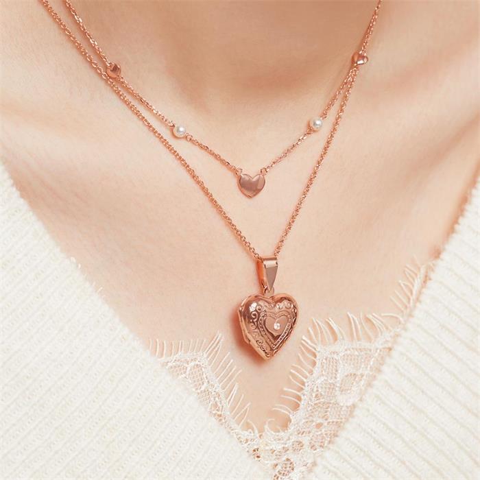 Sterling silver rose goldplated necklace hearts pearls