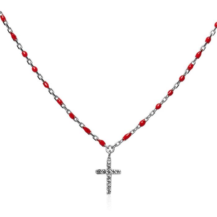 925er Silberkette Kreuz mit roter Emaille