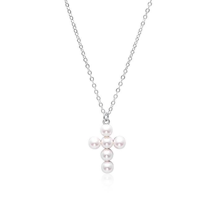 925er Silberkette mit perlenbesetztem Kreuzanhänger