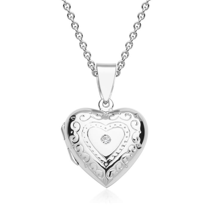 Locket heart-shaped silver pendant zirconia