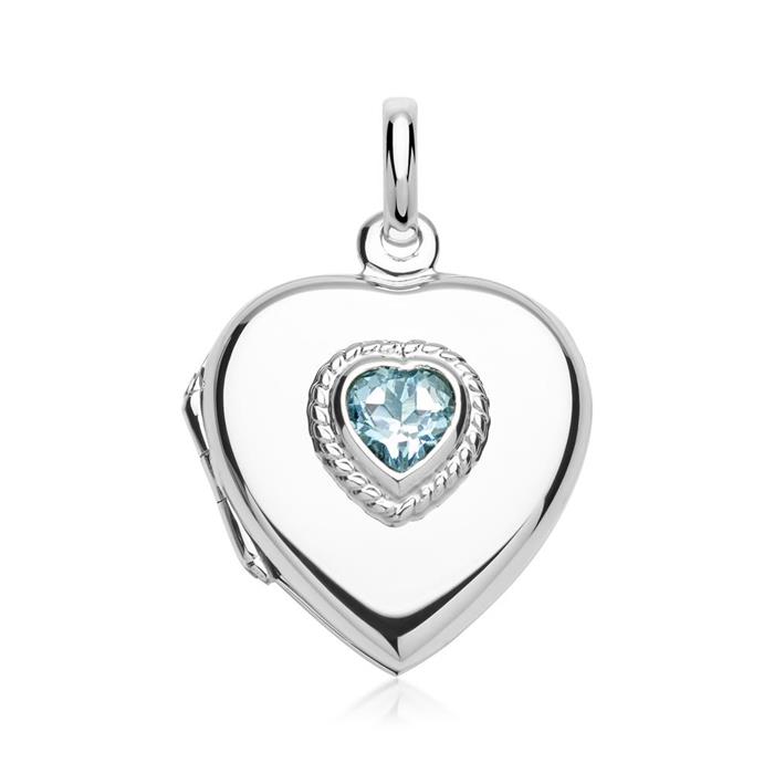 Zilveren ketting medaillon hartvormig blauwe Topaas