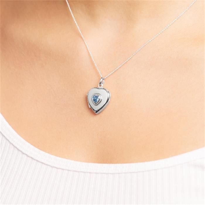 Silver necklace locket heart blue topaz
