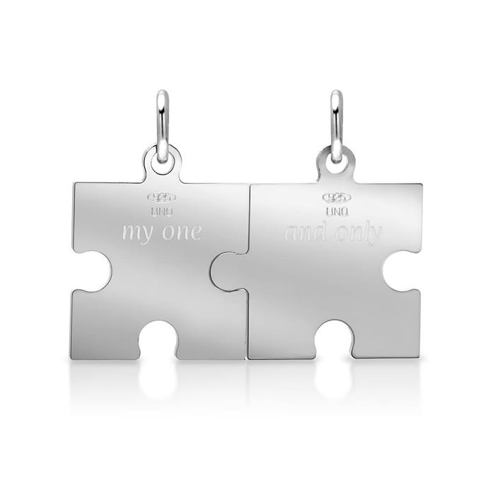 Silver necklace with partner pendants puzzle pieces