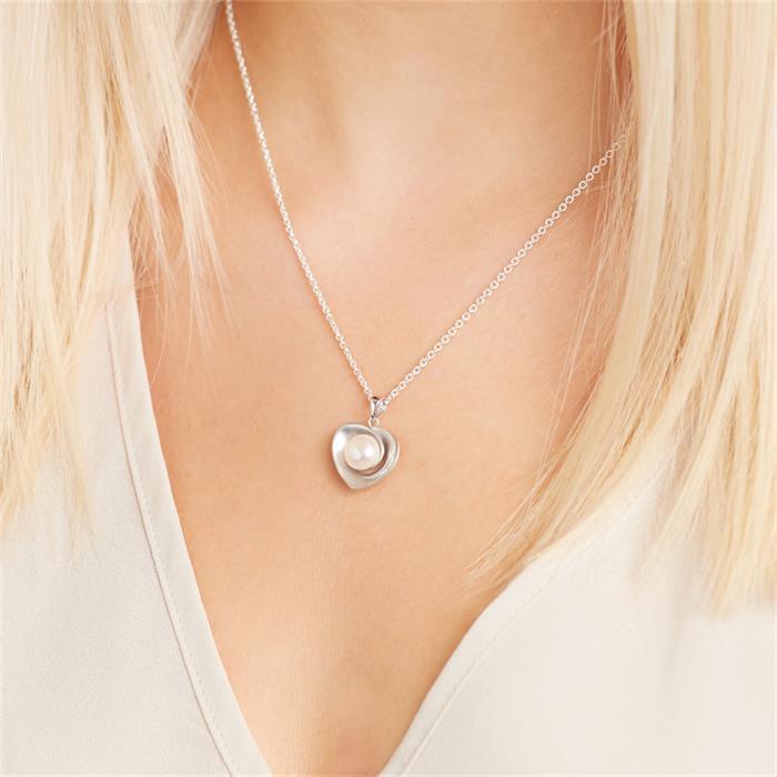 Silver necklace with heart pendant pearl silver