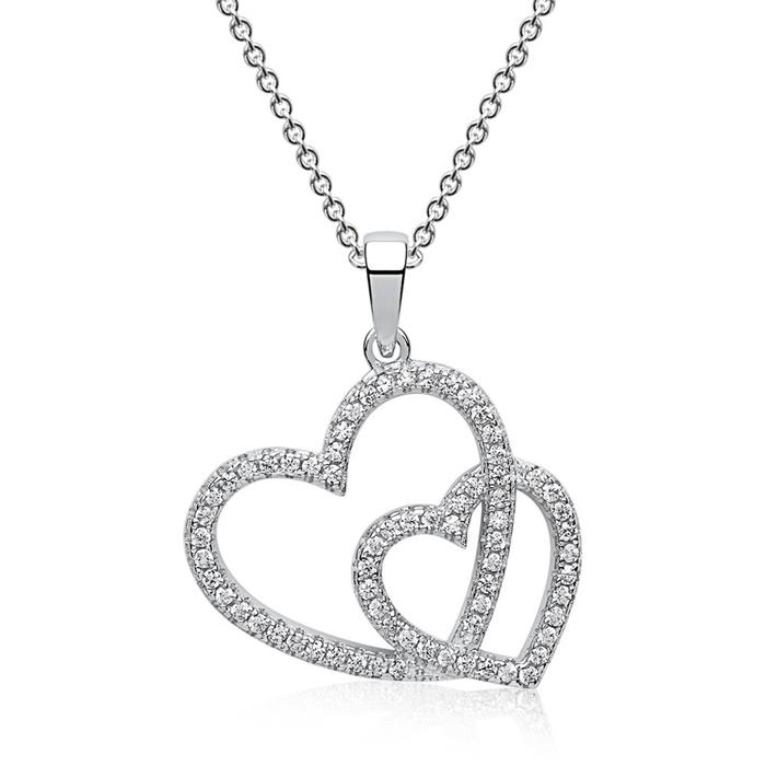 Two hearts zirconia set silver pendant