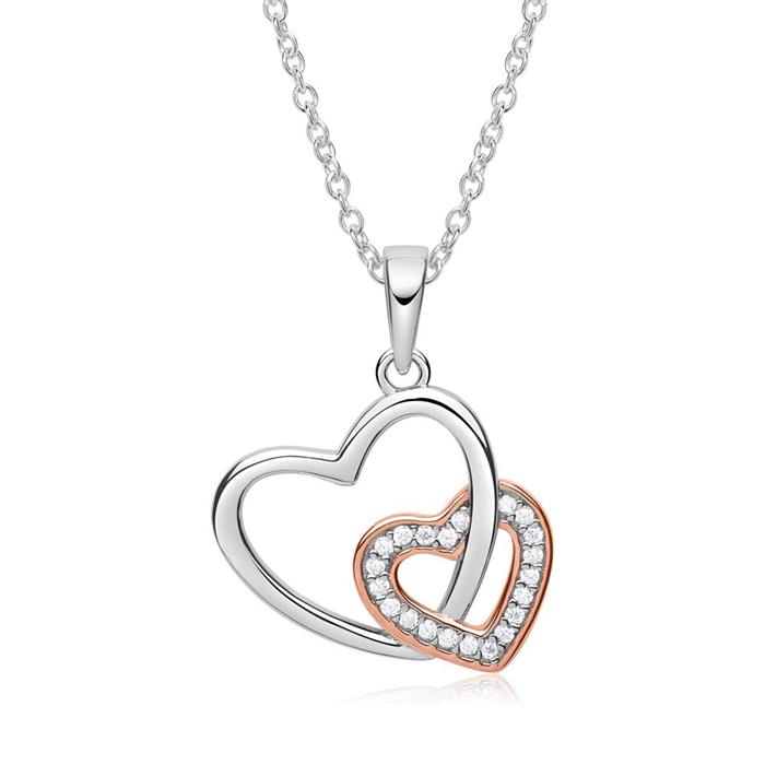 Necklace with pendant hearts sterling silver bicolor zirconia