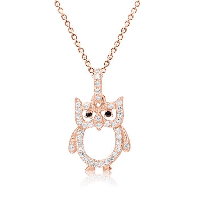 Owl necklace in sterling silver rose gold plated with zirconia