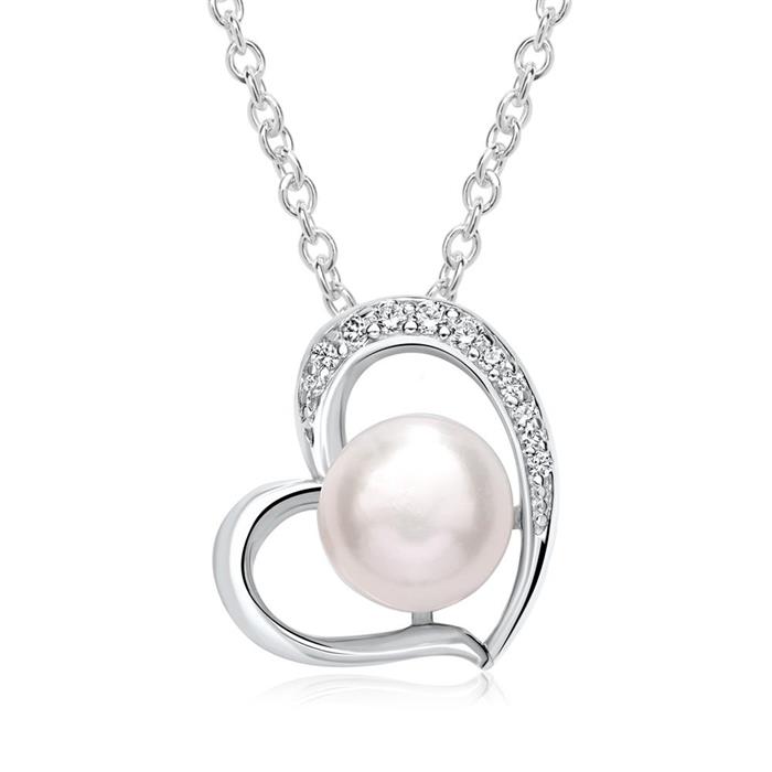 Heart chain in sterling silver with pearl and zirconia