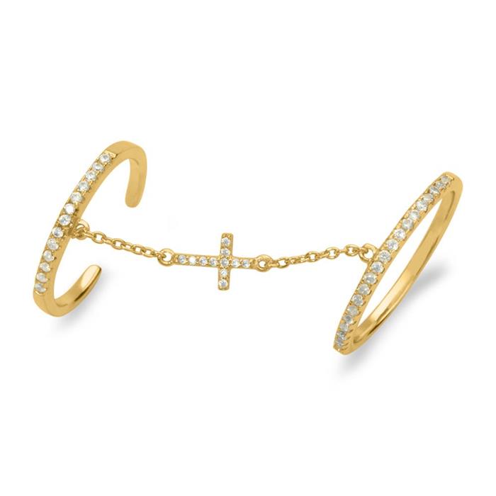 Golden knuckler ring with chain cross silver