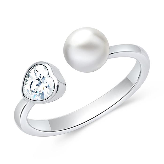 Sterling silver ring open with pearl and zirconia